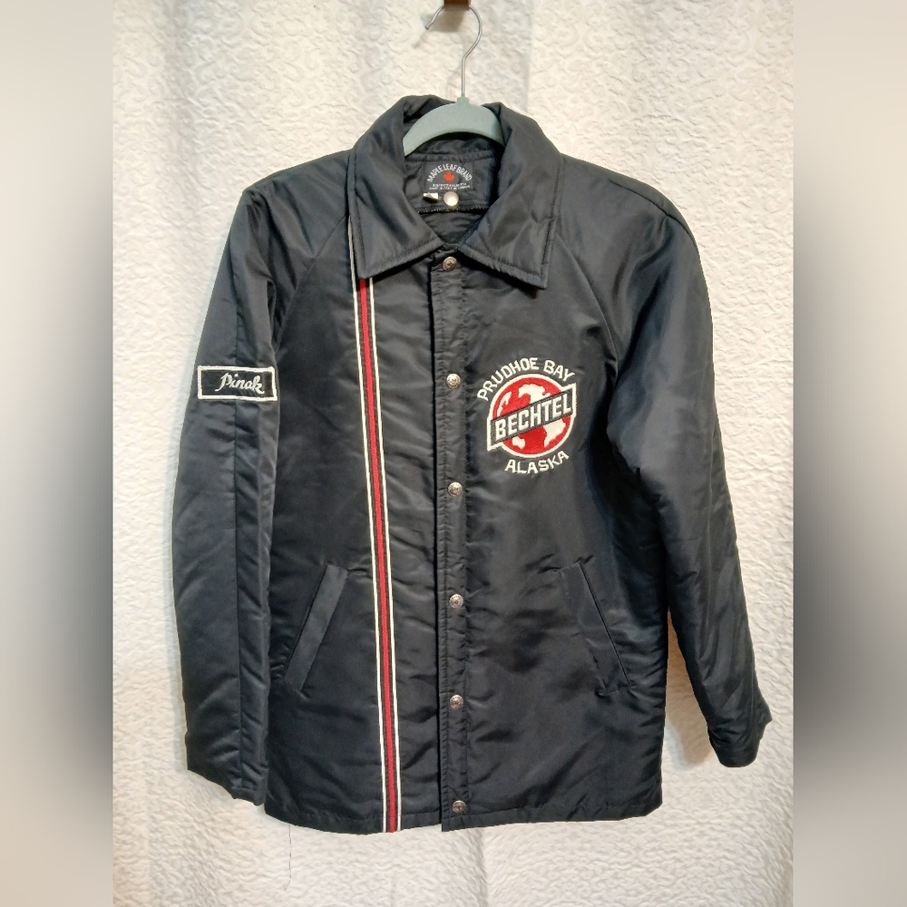 Maple Leaf Brand Black Bomber Jacket with Red and White Stripes